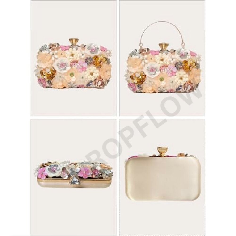 Elegant Floral Clutch Purse Convertible Chain Evening Bag Formal Event - Picture 8 of 8